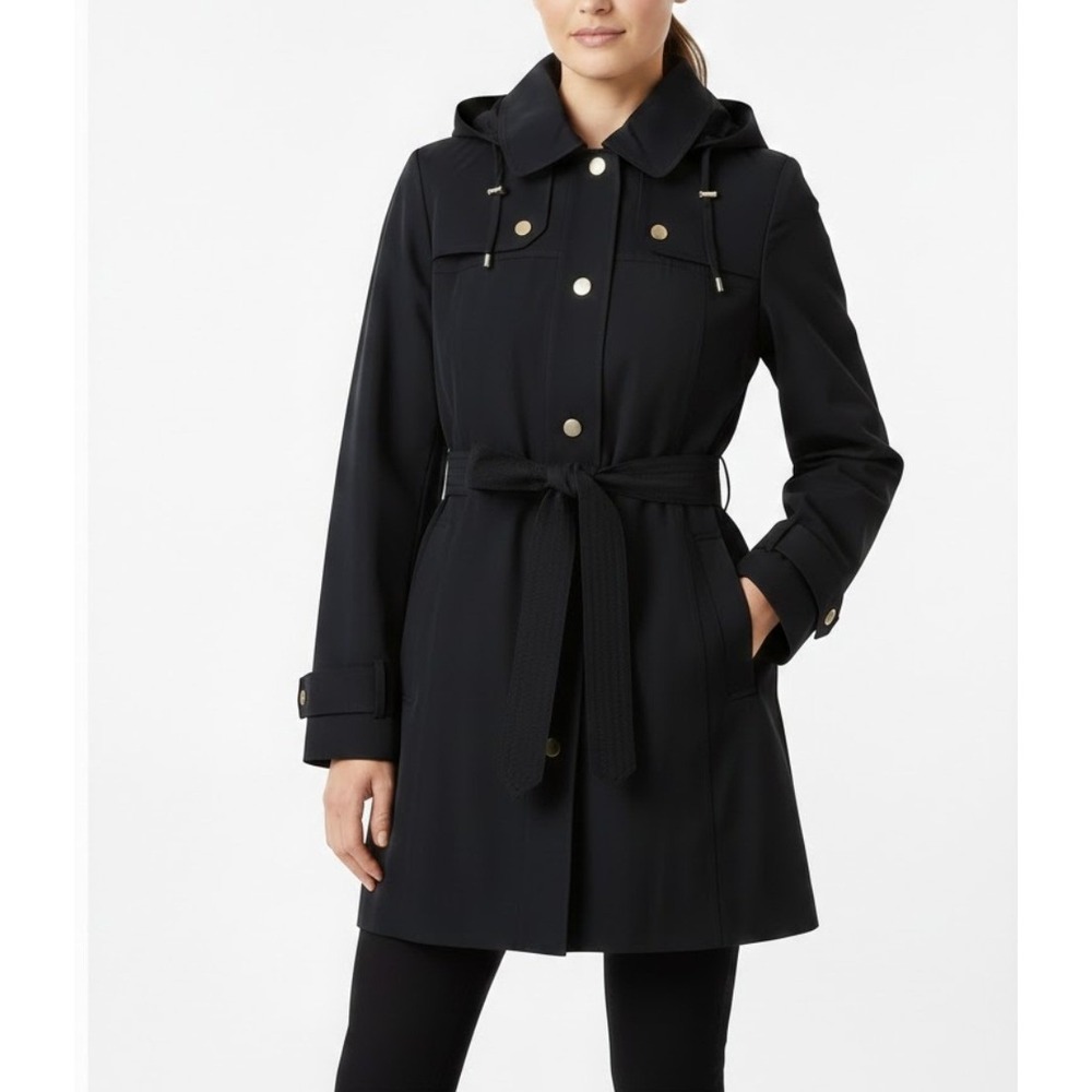 London Fog Trench Coat Black Jacket Belted Hooded Women's Size Small